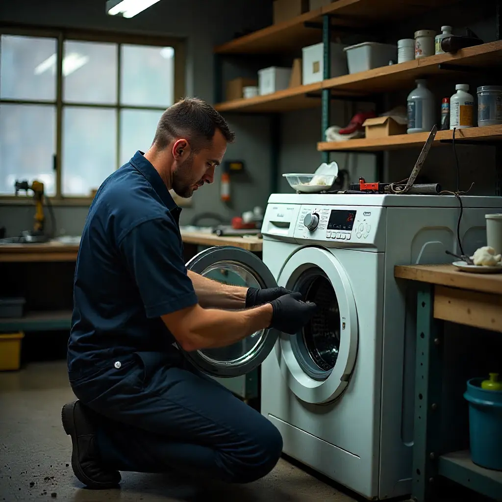 repair workshop with technician working on appliances